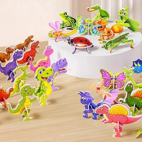 3D Dinosaur Puzzle Set – Montessori Wooden Animal Building & Learning Toy for Kids