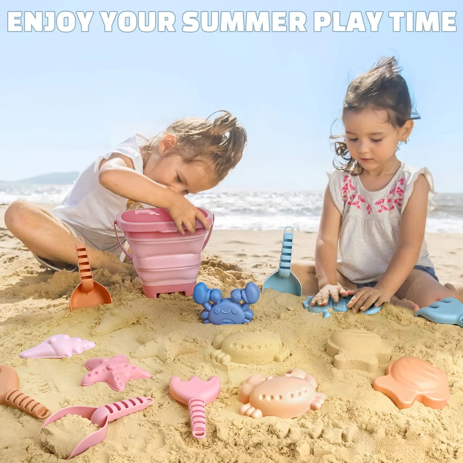Kit de jeu de sable portable avec seaux pliables et sac de rangement en filet