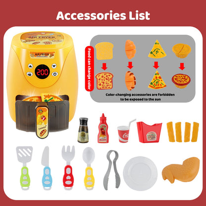 Kitchen Play Set Kids Air Fryer Pretend Role Play Kitchen Toy with Kitchen Accessories with Realistic Light Sound & Play Food