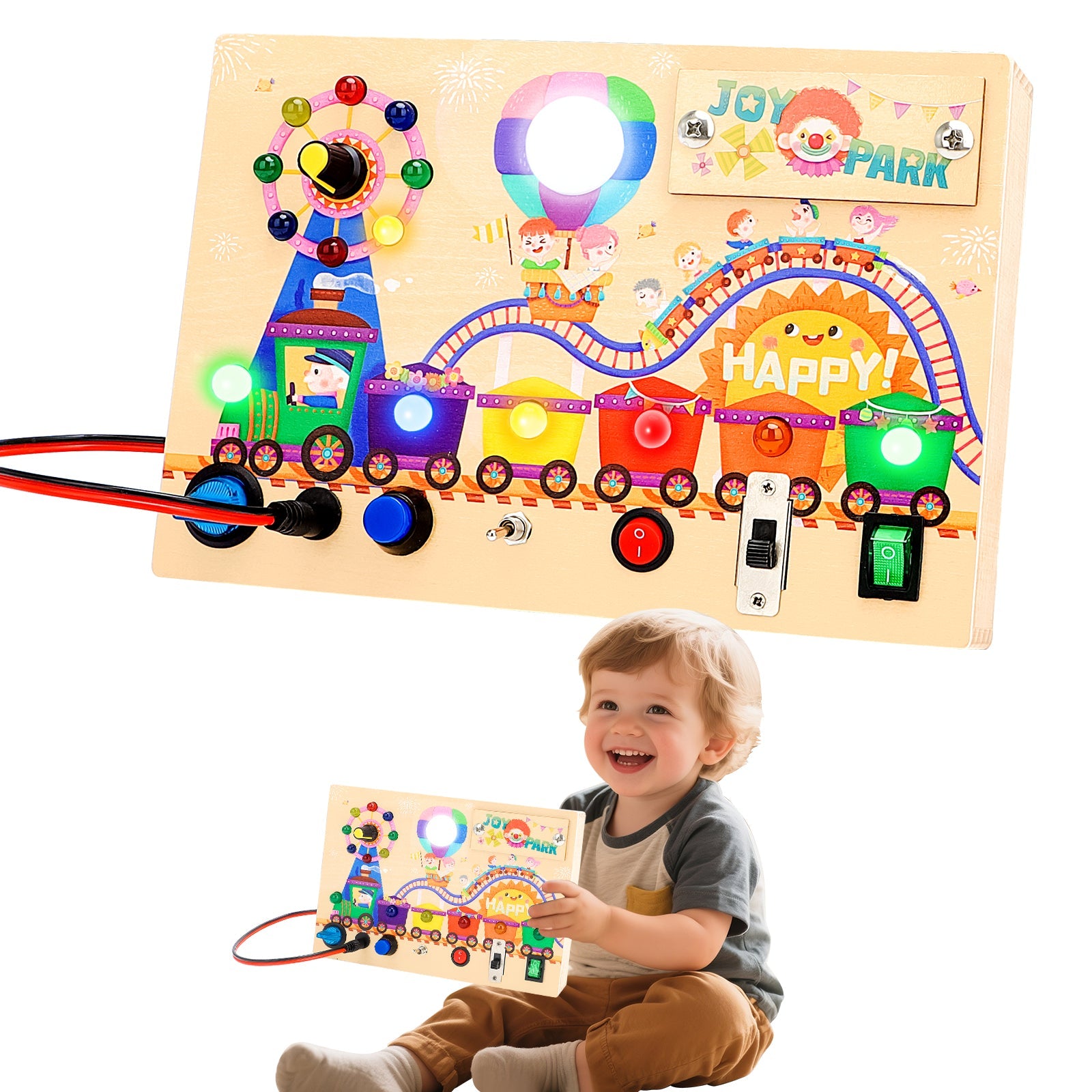 Montessori Wooden Busy Board -Light-Up Sensory Activity Toy for Toddlers, Fine Motor Skills Learning Toy for Ages 1-4, Travel-Friendly Fidget Board for Boys & Girls