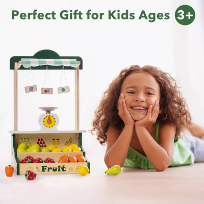 Wooden Farmers Market Stand Fruit Stall Toy Grocery Store Set For Kids