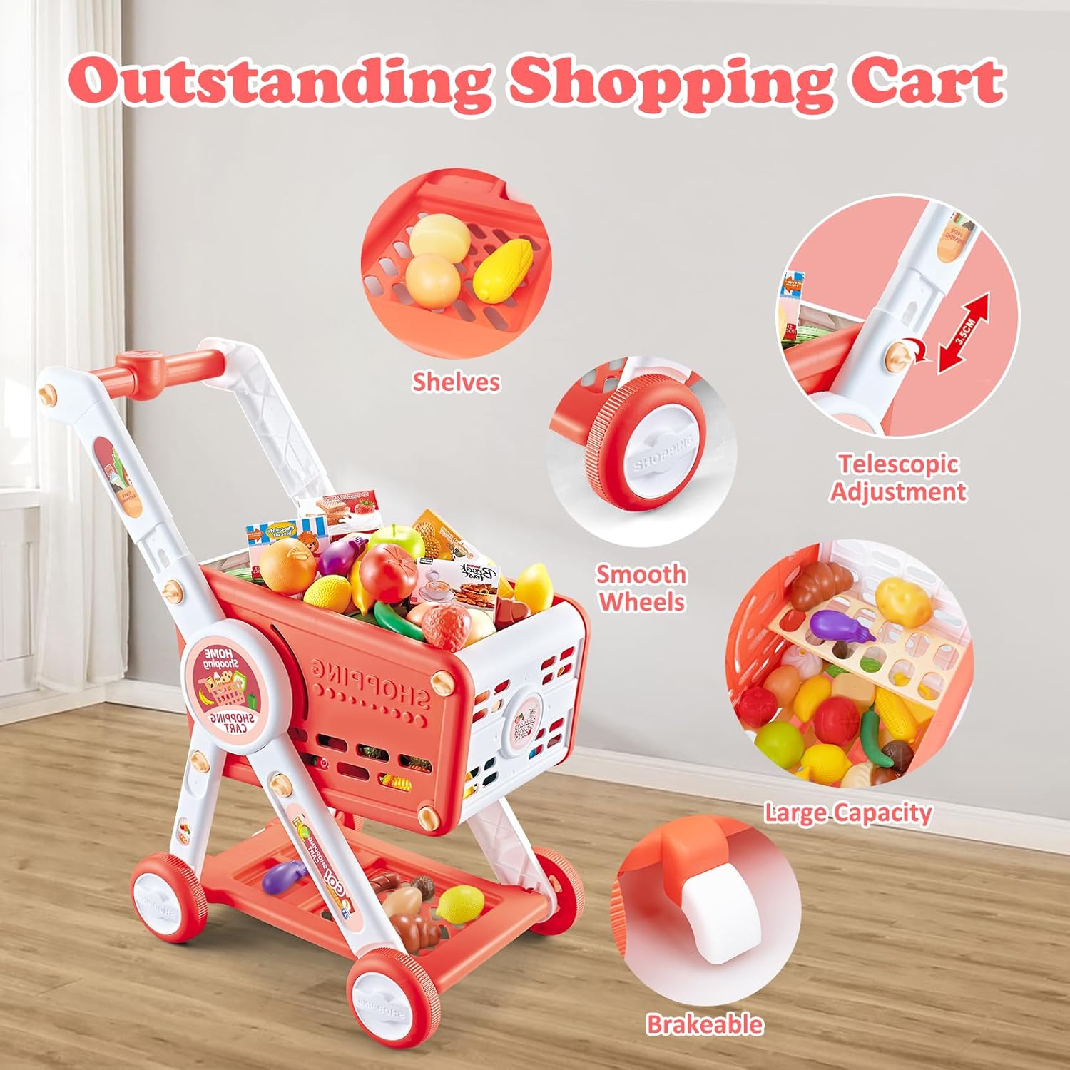 Fidtoy Kids Shopping Cart Toy Set with Pretend Food Accessories Adjustable Supermarket Role Play Cart for Toddlers