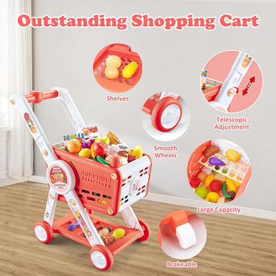 Fidtoy Kids Shopping Cart Toy Set with Pretend Food Accessories Adjustable Supermarket Role Play Cart for Toddlers
