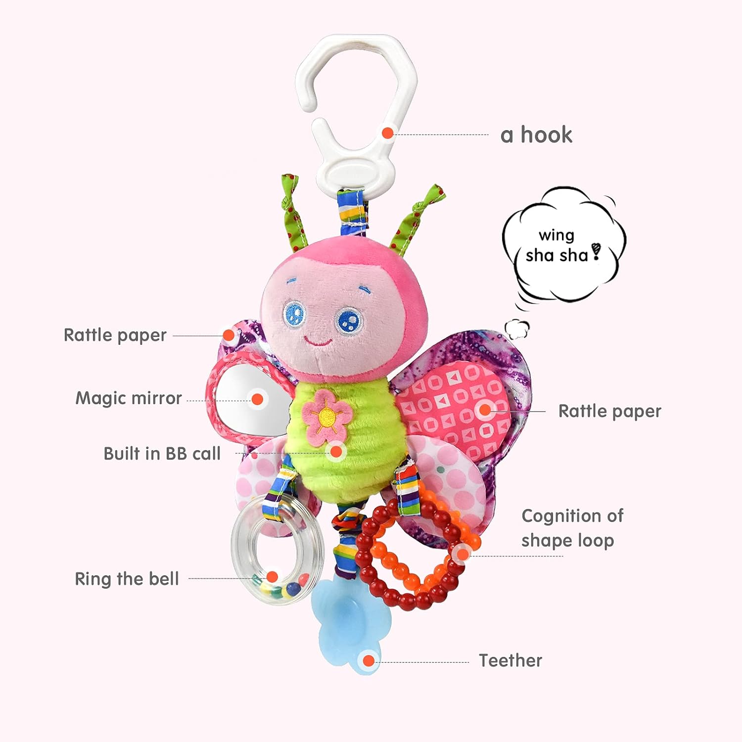 Fidtoy Baby Hanging Sensory Toy for Stroller Crib and Car Seat – Plush Rattle Teether Activity Toy