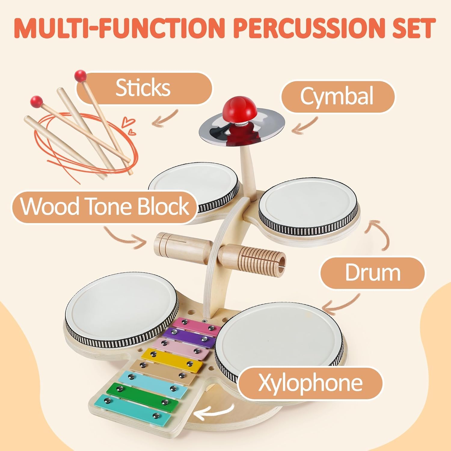 Fidtoy Wooden Percussion Instruments Set for Kids - Xylophone, Drum, Cymbals