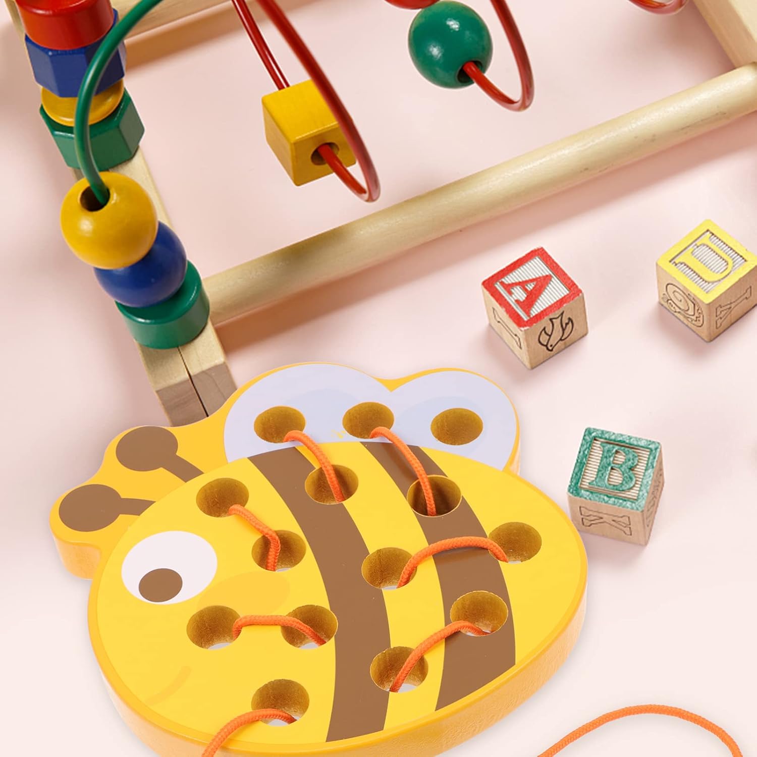 TOYANDONA Wooden Lacing Toys Animal Threading Weaving Toys Wood Block Puzzle Fine Motor Skills Montessori Early Learning Educational Toy for Boys Girls Gift ( Bee )