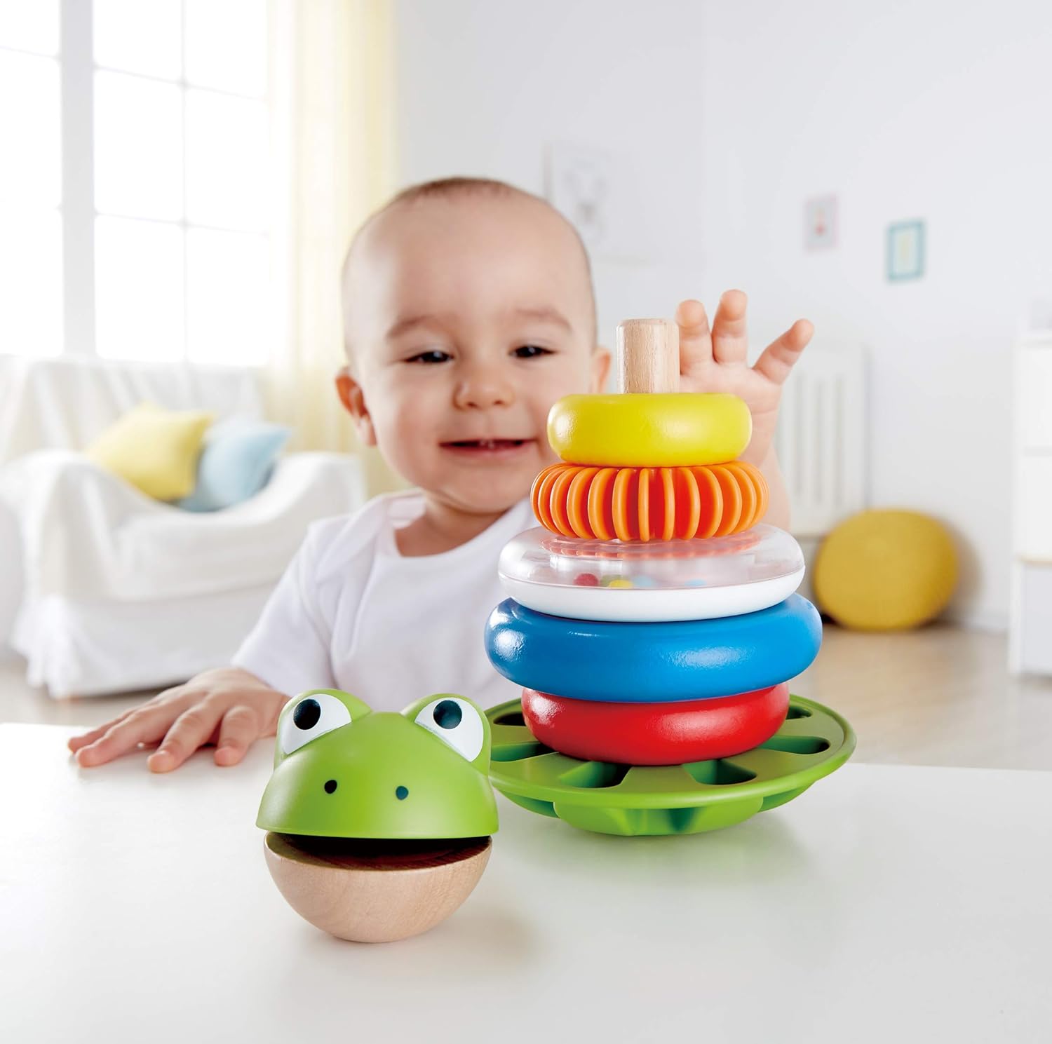 Fidtoy Wooden Frog Stacking Toy with Wobble Base Learning Toy
