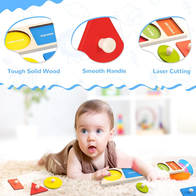 QESSUVNC Juego de clasificación de formas de madera para niños pequeños, rompecabezas Montessori de clavijas, formas geométricas, 1-3 años