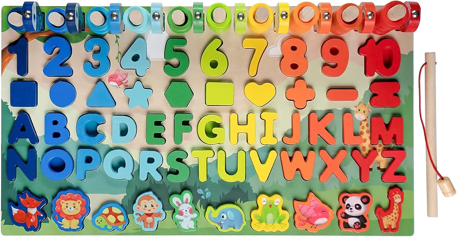 OHOME : Wooden Montessori Puzzle Toy 6 in 1 Educational Game Children 3 4 5 6 Years Learn Letters Shapes and Mathematics Counting Numbers - Numbers