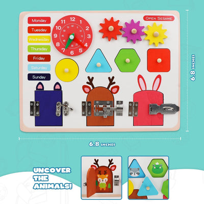 Fidtoy Wooden Busy Board with Locks Clock and Shape Puzzles