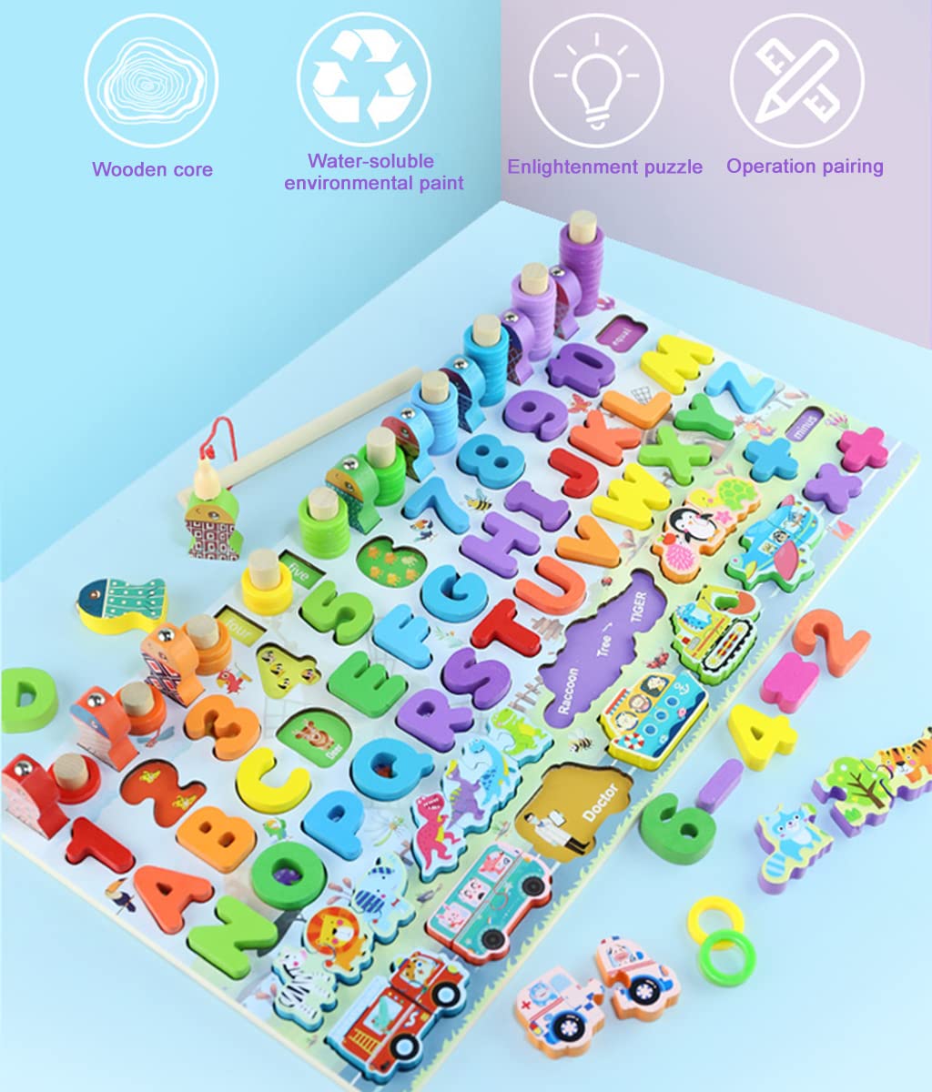 PATPAT® Wooden Number Puzzles for Kids, Fishing Game Educational Toys for Babies Montessori Toys for Toddlers Number Vehicles Fruits Animals Sorter Game for 1-5 Year Toddlers