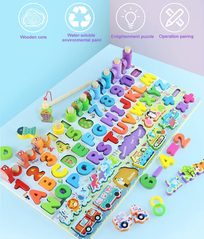 PATPAT® Wooden Number Puzzles for Kids, Fishing Game Educational Toys for Babies Montessori Toys for Toddlers Number Vehicles Fruits Animals Sorter Game for 1-5 Year Toddlers
