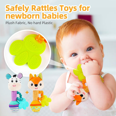 Fidtoy Plush Baby Rattle Toy Set for Newborns – Soft Animal Sensory Rattles for Infant Grasping, Sound Discovery, and Early Development