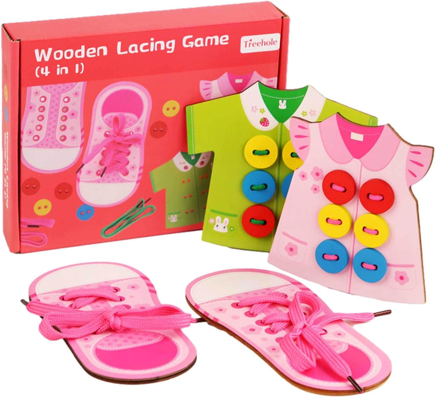 Shoe Tying Practice Toy | 4 in 1 Wooden Lacing Toy | Hand Eye Coordination Threading Toy, Educational Preschool, Girls, Kids