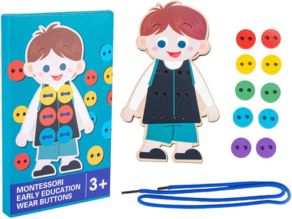 costura botão – Roupas madeira para crianças – Brinquedo Montessori Jogo fio habilidamotora fina para pré-escola desenvolvimento precoce e educação Xuany