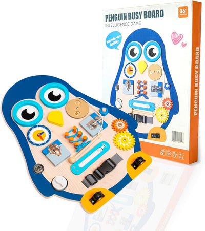 Montessori Large Busy Board for Toddlers 1 2 3 4 Years Old Kids Boys Girls, Wooden Sensory Toys, Preschool Learning Activities for Fine Motor Skills, Basic Life Skills, Educational, Penguin Gifts