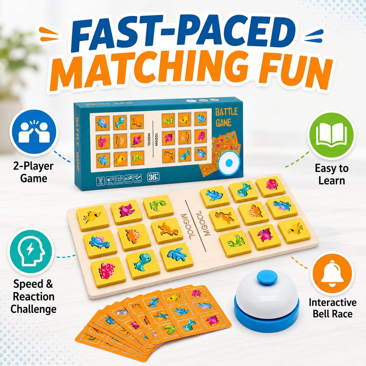 Fidtoy Interactive Dinosaur and Number Matching Bell Game for Two Players Wooden Pattern Puzzle Toy