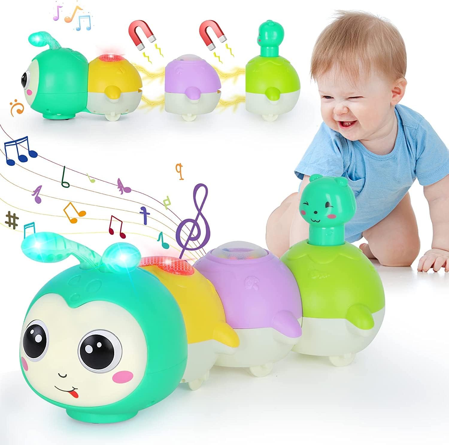 Fidtoy Magnetic Cute Electric Caterpillar Baby Toy with Light Sound for Babies Crawling Sensory Play Age 6M+