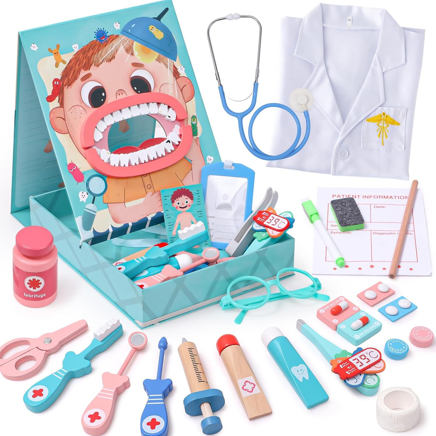 Fidtoy Wooden Doctor Playset 18 PCS Pretend Play Medical Toy