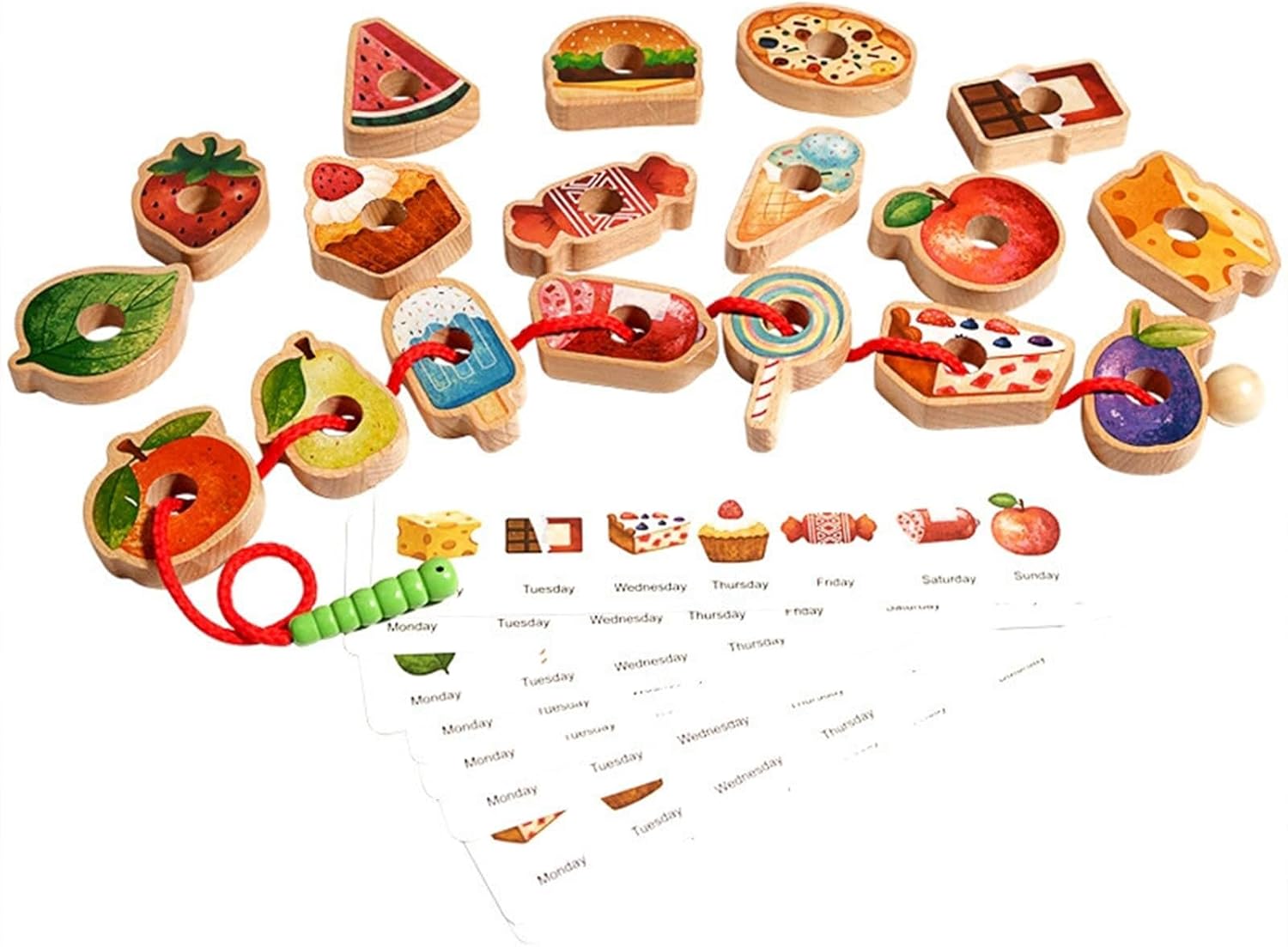 Wooden Greedy Caterpillar Rope Toy, Educational String Beaded Toys, Fruit & Vegetable Caterpillar Lacing Bead String Game, Montessori Fine Motor Skills Farm Toys for 3+ Year Old