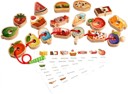 Wooden Greedy Caterpillar Rope Toy, Educational String Beaded Toys, Fruit & Vegetable Caterpillar Lacing Bead String Game, Montessori Fine Motor Skills Farm Toys for 3+ Year Old