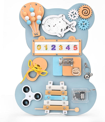 Fidtoy Montessori Busy Board Toy for Toddlers Wooden Activity Board with Music Xylophone Locks Beads Fine Motor Skills Learning Toy Travel Quiet Toy