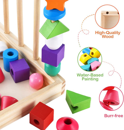 Fidtoy Montessori Shape Matching Game Wooden Sequencing and Threading Toy for Toddlers