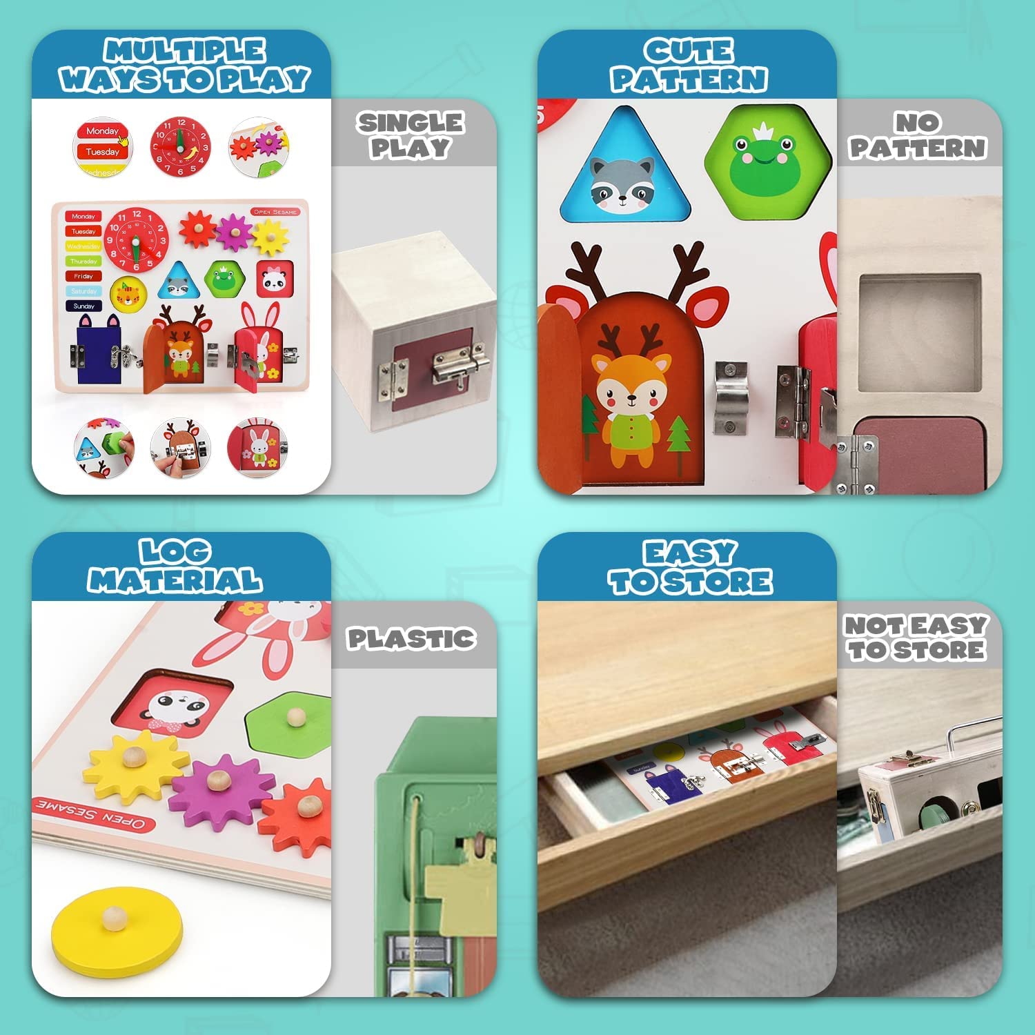 Fidtoy Wooden Busy Board with Locks Clock and Shape Puzzles