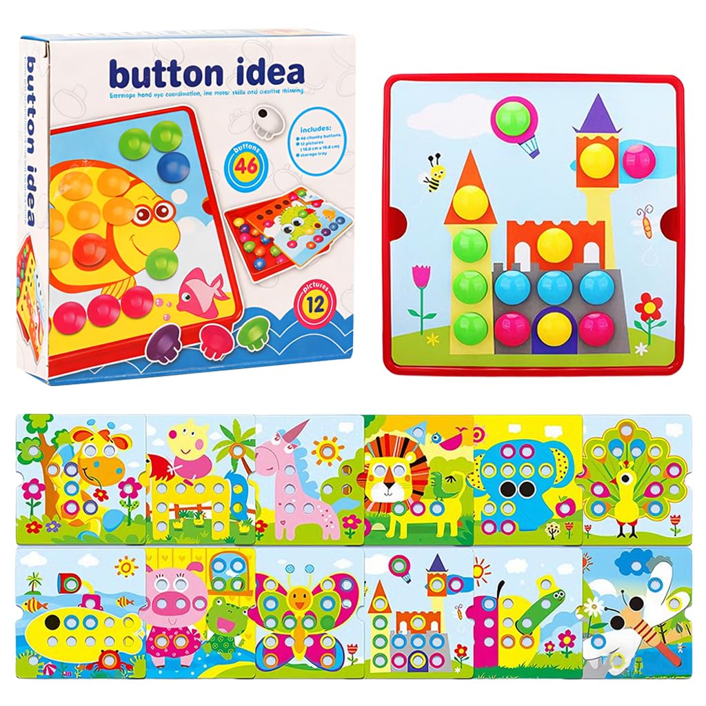 Fidtoy Button Art Matching Toy for Kids – Montessori Peg Board Mosaic Puzzle with Picture Cards