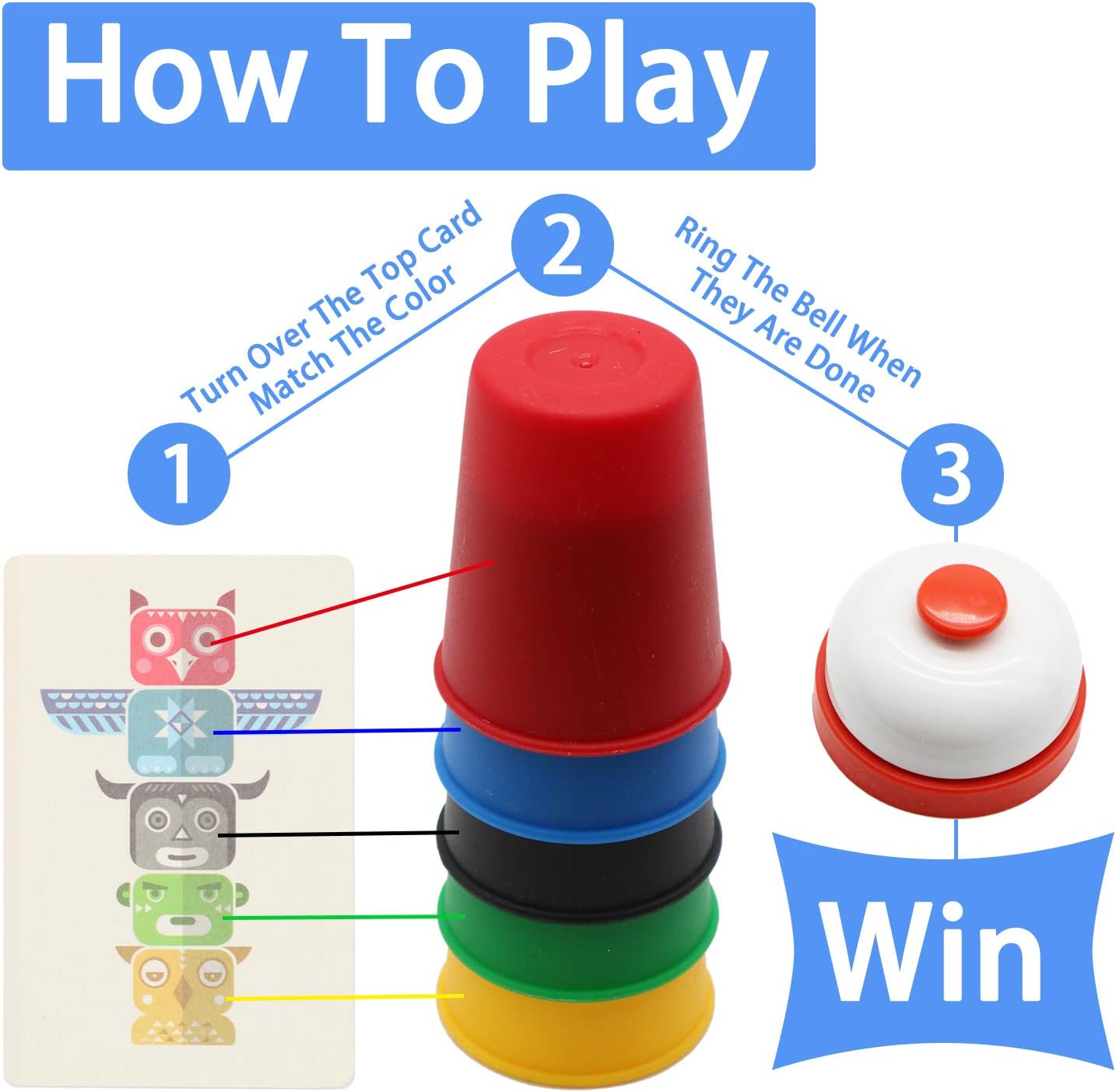 Fidtoy Speed Cups Challenge Family Fun Stacking Cup Game for Kids Ages 4+, 30 Color Cups with 24 Picture Cards and Bell for Reflex, Color Matching and Family Party Play