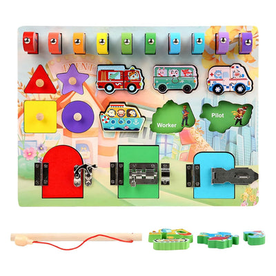 Fidtoy Wooden Busy Board Montessori Activity Board for Toddlers with Locks Switches Shapes Numbers Learning Toy Fine Motor Skills Travel Quiet Toy Gift