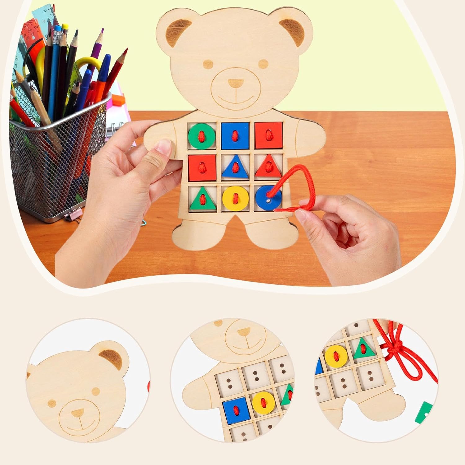 predolo Urso de madeira com botões para amarrar, brinquedo educativo para meninos e meninas.