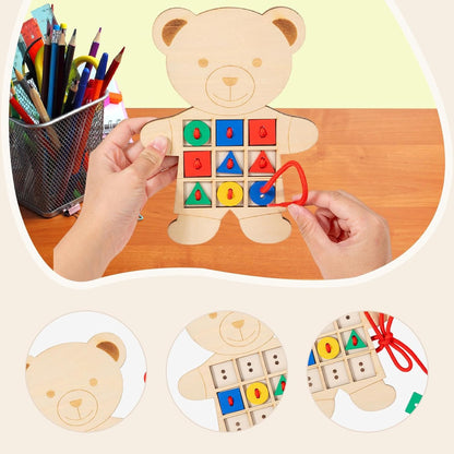 predolo Urso de madeira com botões para amarrar, brinquedo educativo para meninos e meninas.
