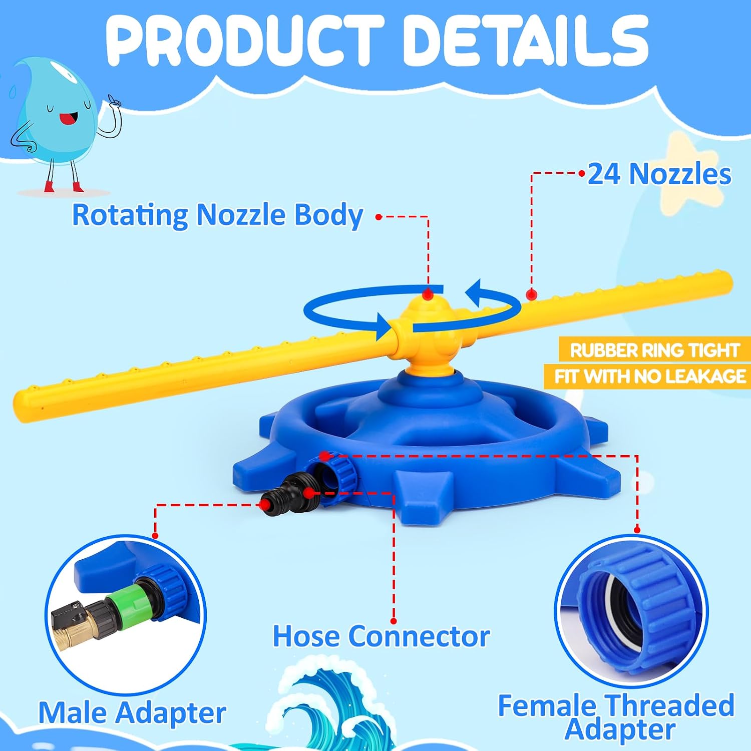 Fidtoy Water Spray Summer 360 Rotation Active Play Toy for Kids | Outdoor Rotating Water Sprinkler, 24 Nozzle Backyard Splash Toy, Garden Hose Water Play & Summer Party Toy Age 3+