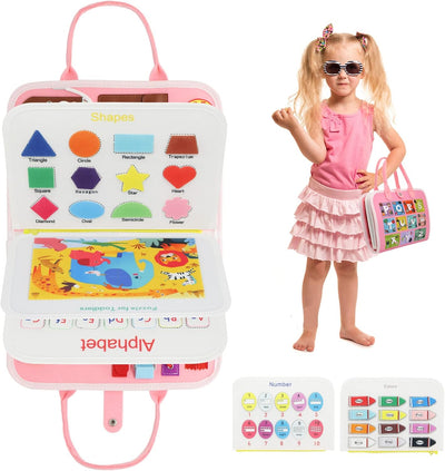 Busy Board Montessori Toys for Toddlers Sensory Board Toys，Preschool Activities Educational Toys for Toddlers Travel,Gifts for 3+ Year Old Boys Girls - Pink