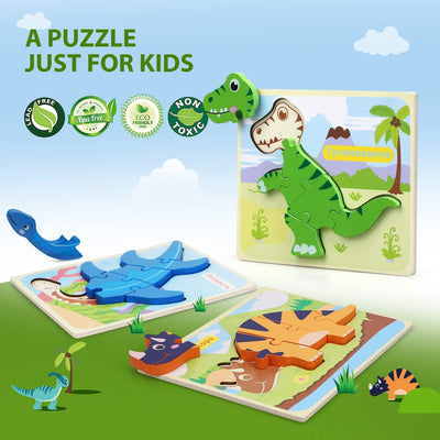 Jeu de Puzzles en Bois de Dinosaures Fidtoy pour Enfants, Jouet d'Apprentissage Précoce