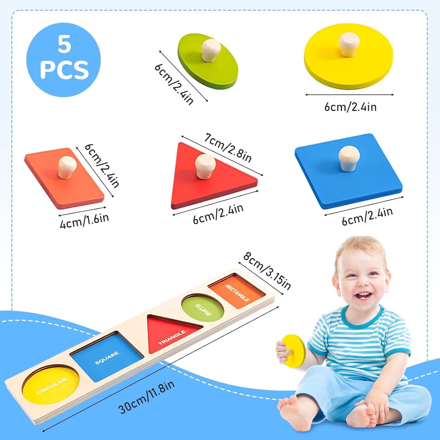 QESSUVNC Wooden Shape Sorting Game for Toddlers, Montessori Peg Puzzle, Geometric Shapes, 1-3 Years
