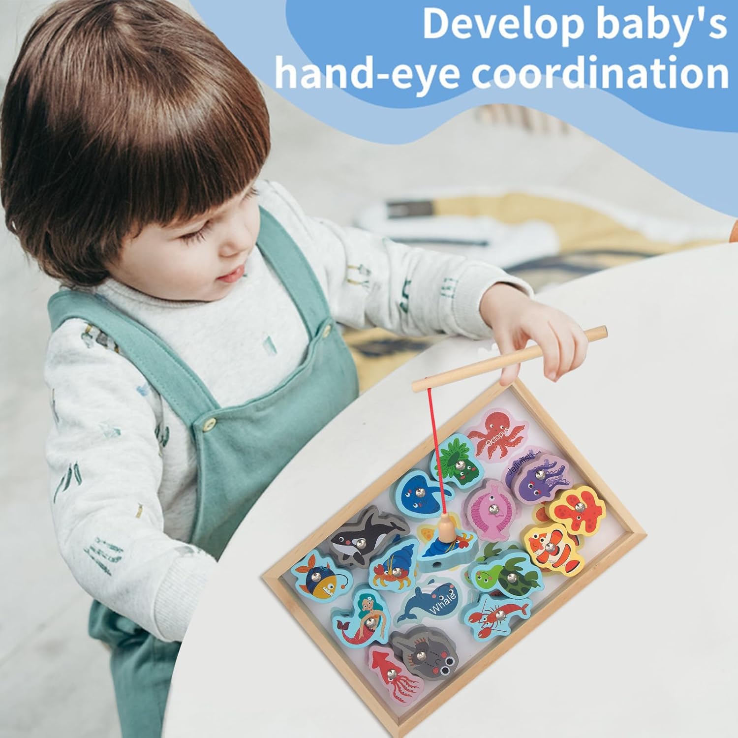 SCOOVY Magnetic Fishing Game, Wood Children's 2 in 1 Fishing Game, Safe Wooden Fishing Games with Vivid Fishes, Educational Roddlers Fishing Game for Kids Home Outdoor Indoor