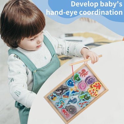 SCOOVY Magnetic Fishing Game, Wood Children's 2 in 1 Fishing Game, Safe Wooden Fishing Games with Vivid Fishes, Educational Roddlers Fishing Game for Kids Home Outdoor Indoor