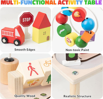 Activity Table for 1+ Year Old, Montessori Wooden Toys for Toddlers 1-3, 8 in 1 Baby Activity Table, Educational Sensory Bead Maze Toys for Babies, Learning Shape Sorter, Birthday Gifts Girls Boys