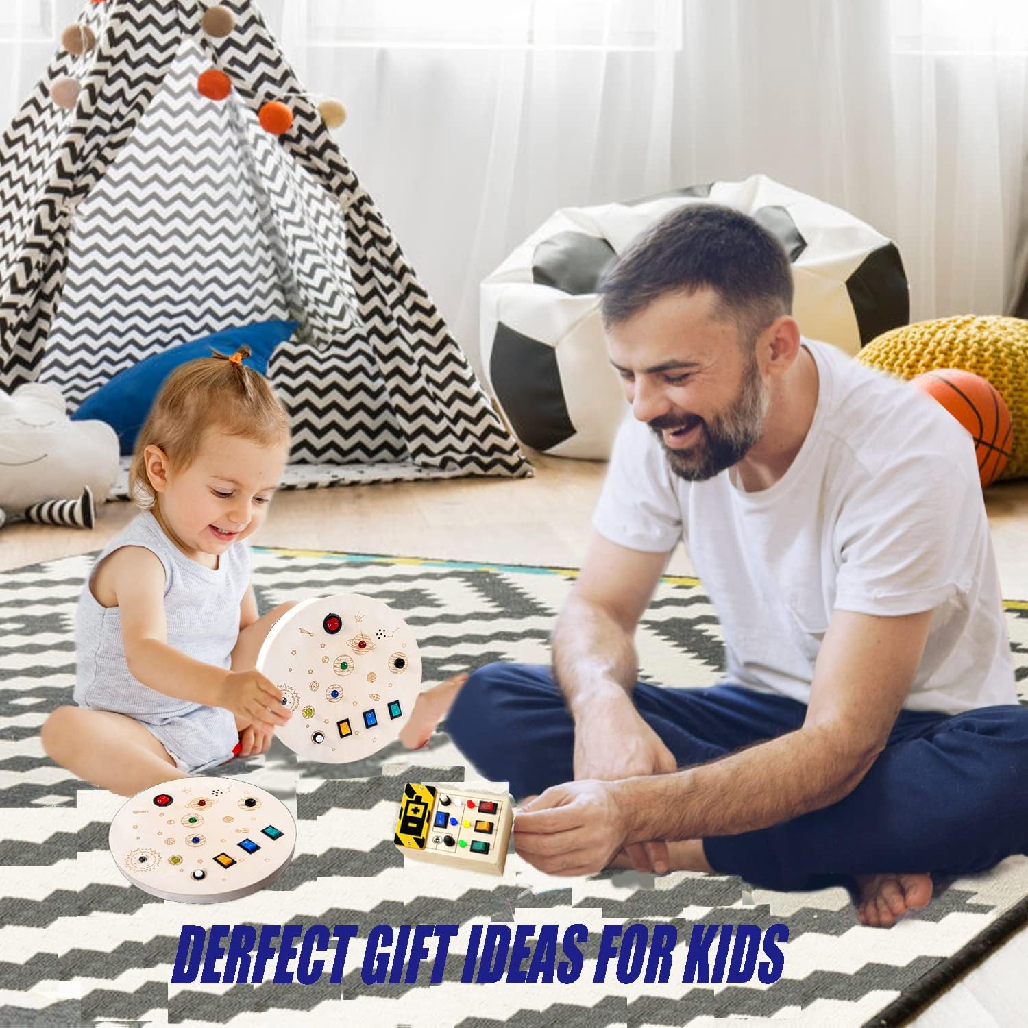 RGWOW More Than 3 Years Old Toddler Toys Busy Board Montessori Toys .Sensory Toys for Toddlers, Wooden Toys Travel Toys with Light Up LED Buttons and Sound, Learning Toys (Color Round)