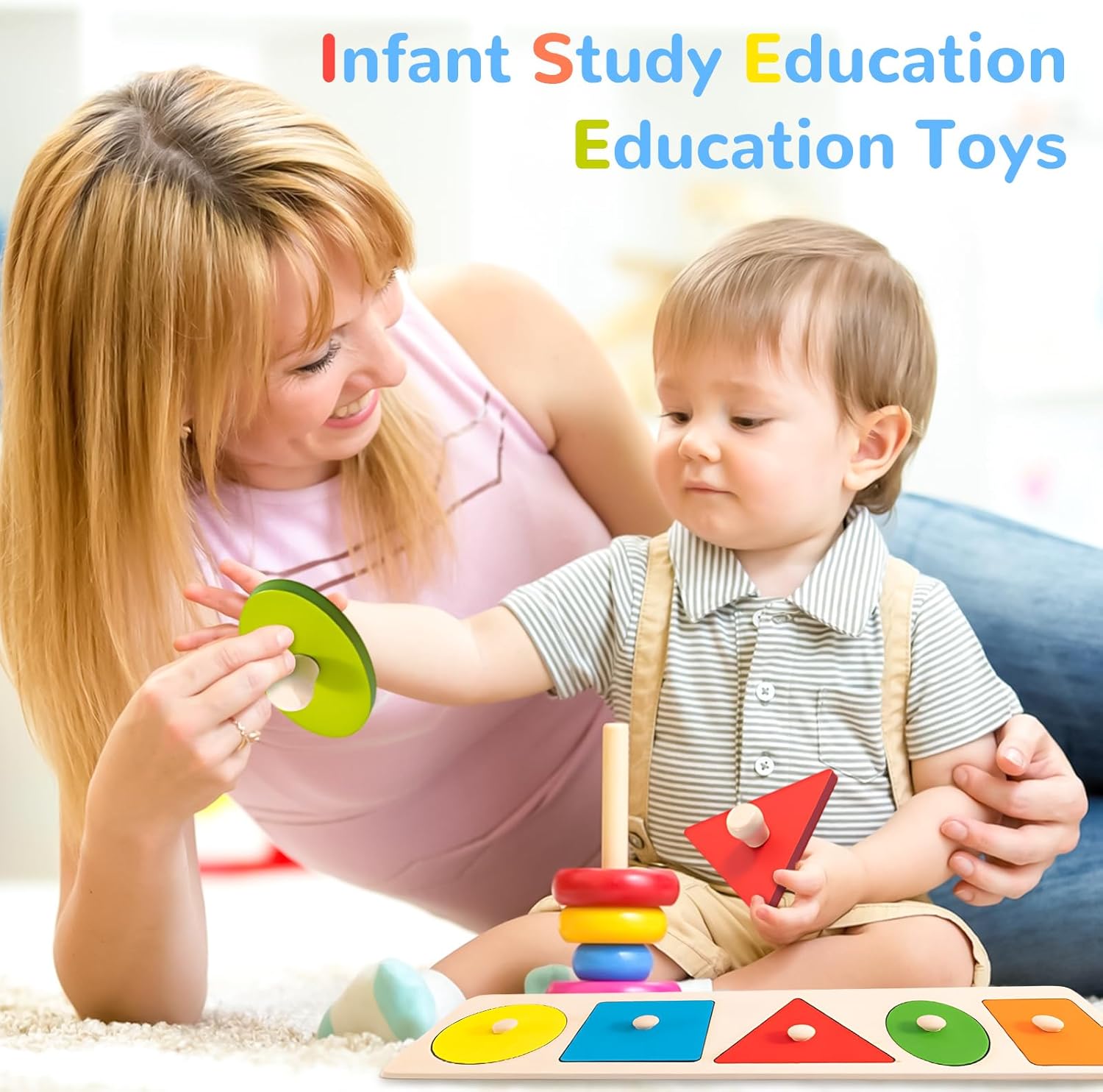 QESSUVNC Wooden Shape Sorting Game for Toddlers, Montessori Peg Puzzle, Geometric Shapes, 1-3 Years