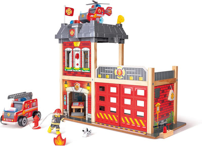 Fidtoy Wooden Fire Station Toy Kids Rescue Playset with Lights Sound