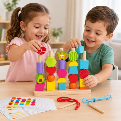 Fidtoy Wooden Montessori Fruits Sequence with Lacing Pattern 5-in-1 Bead Sorting Fine Motor Toy for Kids Ages 3+