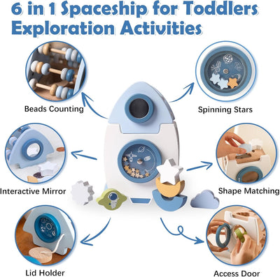Fidtoy Rocket Activity Cube Montessori Wooden Toy for Toddlers