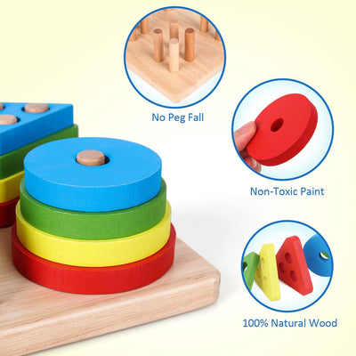 Fidtoy 2 in 1 Geometrical Shapes Learning Four Columns, Wooden Shape Sorting and Stacking Puzzle with 16 Geometric Blocks and Threading Rope Ages 2-6