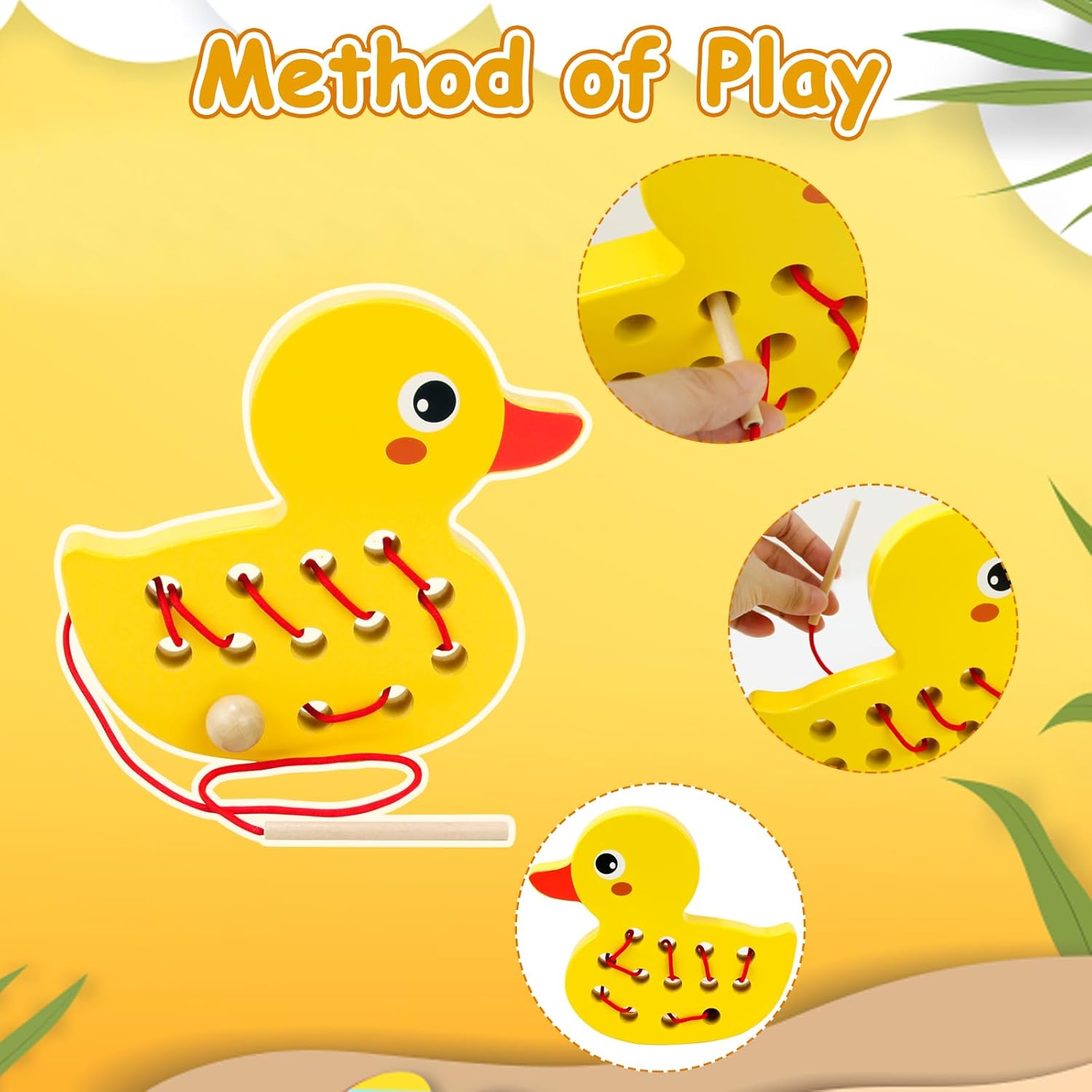 Sealive Wooden Lacing Toys for Toddlers - Fun and Educational Threading Set | Develop Fine Motor Skills | Durable Montessori Toy for Travel (Duck)