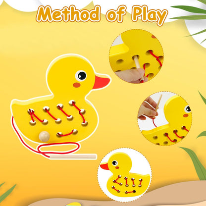 Sealive Wooden Lacing Toys for Toddlers - Fun and Educational Threading Set | Develop Fine Motor Skills | Durable Montessori Toy for Travel (Duck)