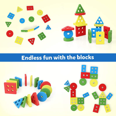 Fidtoy 2 in 1 Geometrical Shapes Learning Four Columns, Wooden Shape Sorting and Stacking Puzzle with 16 Geometric Blocks and Threading Rope Ages 2-6