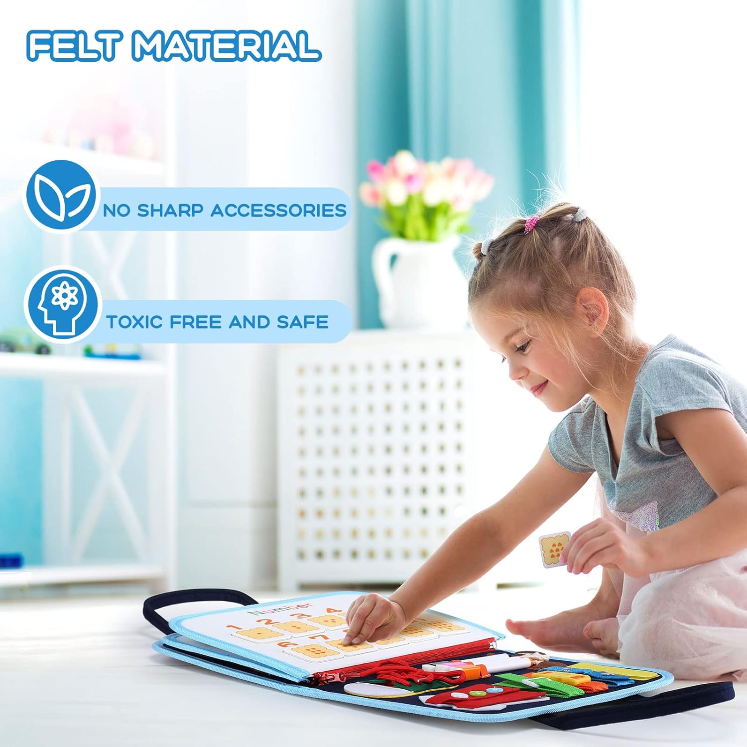 MAMPO Busy Board Montessori Toys for 1 2 3 4 Year Old Children, Learning Basic Skills Toddler Travel Toy with Alphabet & Matching Games, 16-in-1 Animal Theme Portable Busy Board